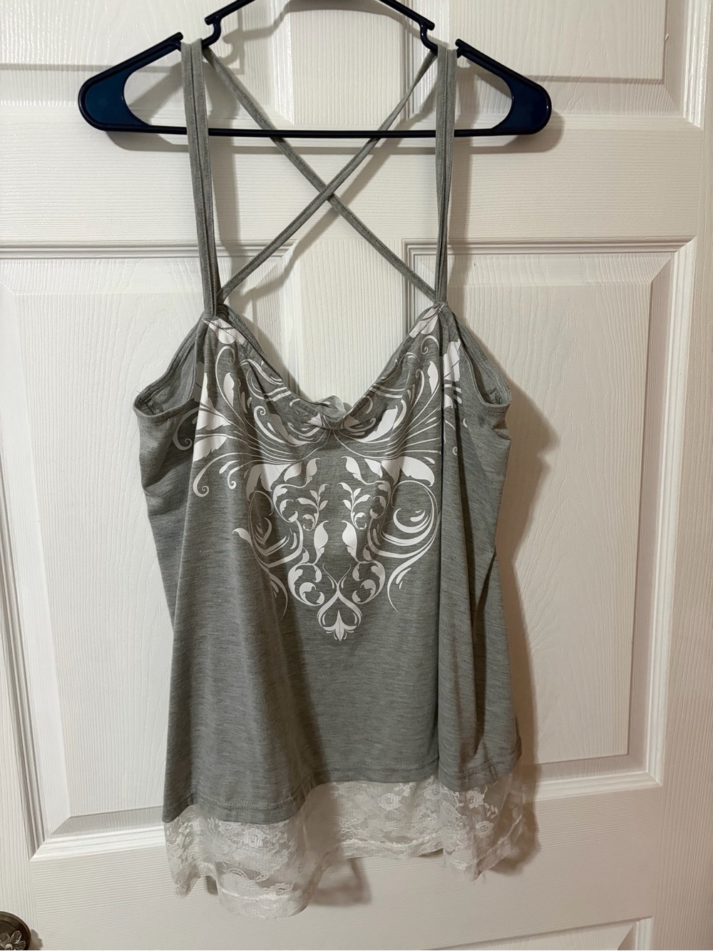 Rosegal Gray Tank Top with White Decorative Front and Lace Trim
